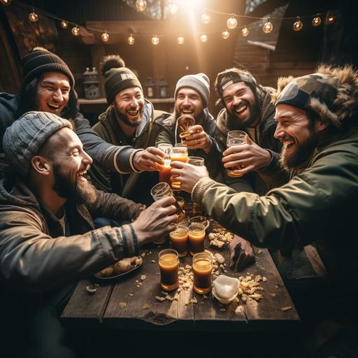 a faraway shot of a group of guys drinking light beer and toasting