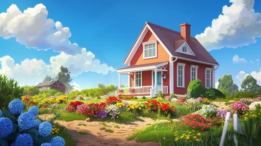 a farm house with flower beds, blue sky with cloud, animation style --ar 16:9