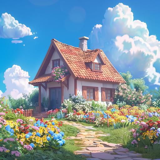 a farm house with flower beds, blue sky with cloud, animation style