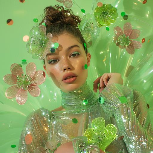 a fashion editorial shoot on a simplemint green backdrop with shiny confetti in the air. The models clothing is shiny metallic and next to the model are large green rhinestone flowers and four leaf clovers .The model's eyes are open looking at the camera. --v 6.0