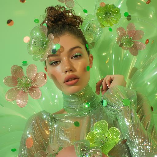 a fashion editorial shoot on a simplemint green backdrop with shiny confetti in the air. The models clothing is shiny metallic and next to the model are large green rhinestone flowers and four leaf clovers .The model's eyes are open looking at the camera. --v 6.0