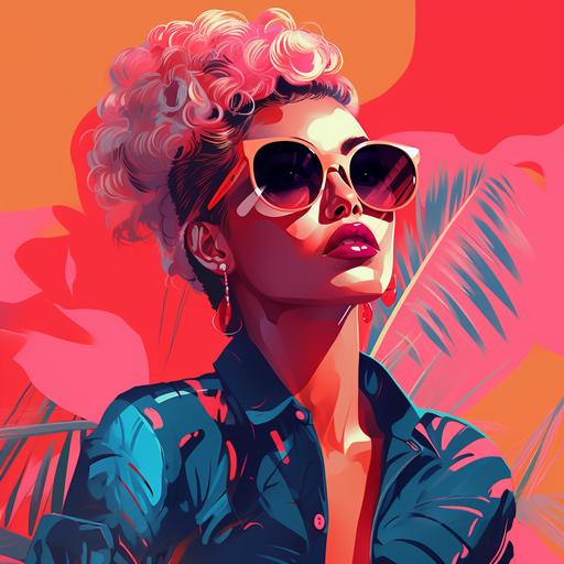a fashion modern illustration of a woman with a hipster character, in the style of bright colors, bold shapes, colorful animation stills, pop art-inspired portraits, y2k aesthetic, dark pink and black, celebrity-portraits, enigmatic tropics, abstract
