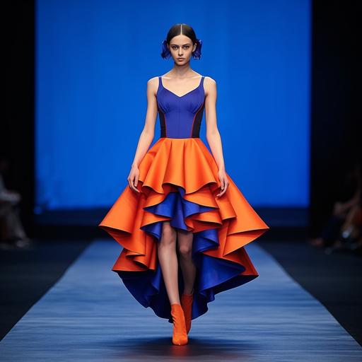 a fashionable beautiful model wearing a beautiful and stylish Peplum-Fit-and-flare combination dress and walking on ramps, royal blue and orange color, full dress, real look, high quality