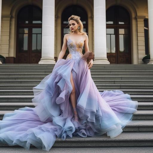 a fashionable beautiful model wearing a beautiful and stylish Ball gown-Mermaid-High-low combination dress and walking on ramps, royal lavender, violet and soft blue color, full dress, real look, high quality