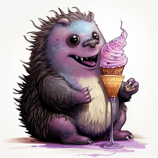 a fat and angry cartoon porcupine eating icecream out of a big ja, colored drawing