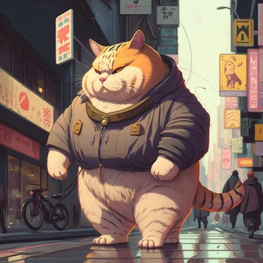 a fat buff cameo tabby strolling through the streets of Tokyo with cyberpunk vibes