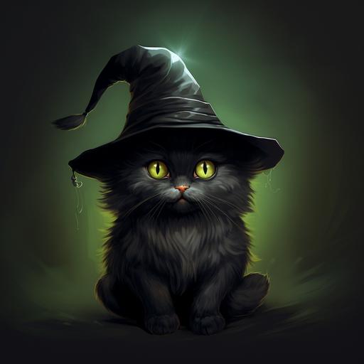 a fat fluffy black cat wearing a witches hat, big green eyes, cute, Halloween, Pixar style, black background