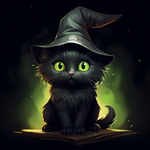 a fat fluffy black cat wearing a witches hat, big green eyes, cute, Halloween, Pixar style, black background