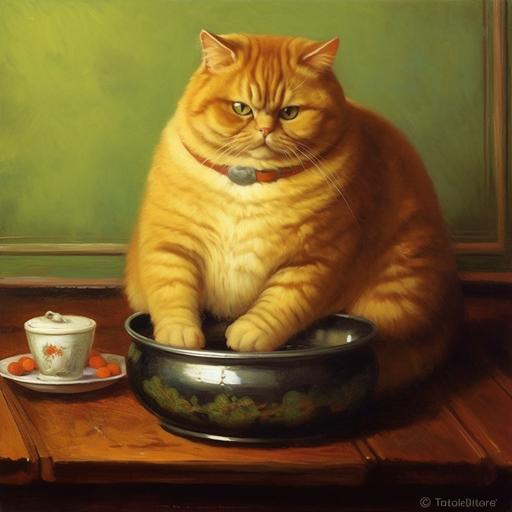 a fat ginger cat eating out of his ergonomically correct food bowl --c 70 --v 5.1 --s 750