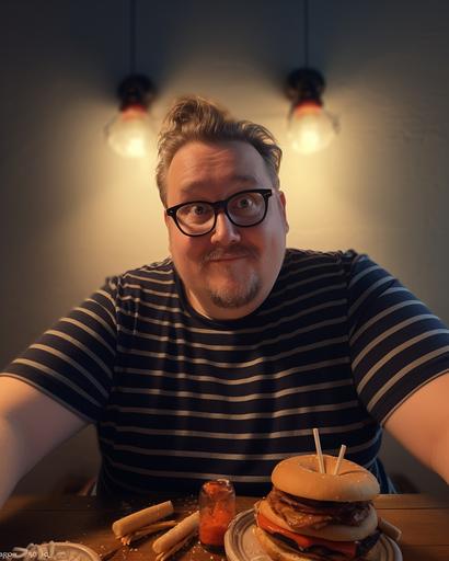 a fat guy eating burger in a restaurant, a beer bottle on the table, huge burgers, fries, mounts of food on the table, 8k realistic, cinematic lighting --ar 4:5 --style raw