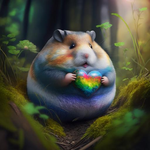 a fat hamster with rainbow colored tail and a heart on his belly in a magic forest