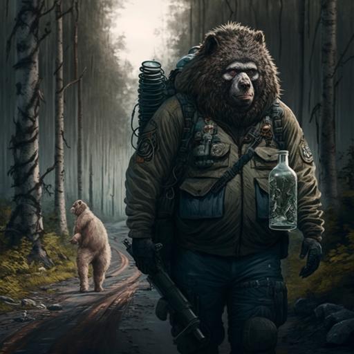 a fat male hunter with a head of a baboon walks in a forest, camo suit, shotgun in one hand, bottle of vodka in pocket, a norrbottenspets walks beside him, highly detailed digital painting