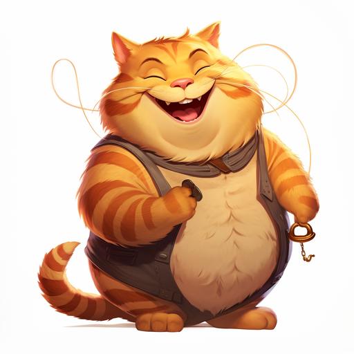 a fat orange cartoon cat with a big belly, smiling and holding a whip