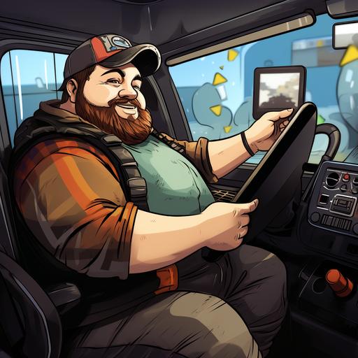 a fat truck driver checking his driving hours on a tablet while driving cartoon style