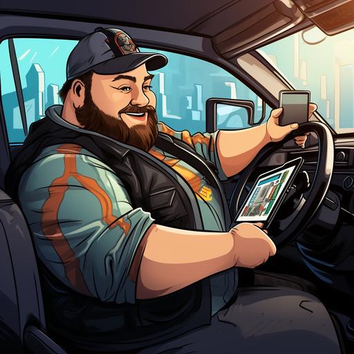 a fat truck driver checking his driving hours on a tablet while driving cartoon style