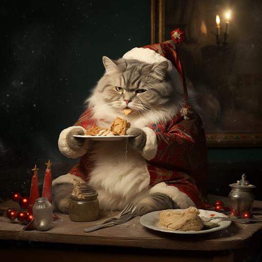 a fat white and gray cat eating a tamale with a fork at christmas