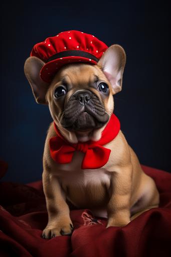 a fawn puppy French bulldog with a red beret with french pasteries --ar 2:3