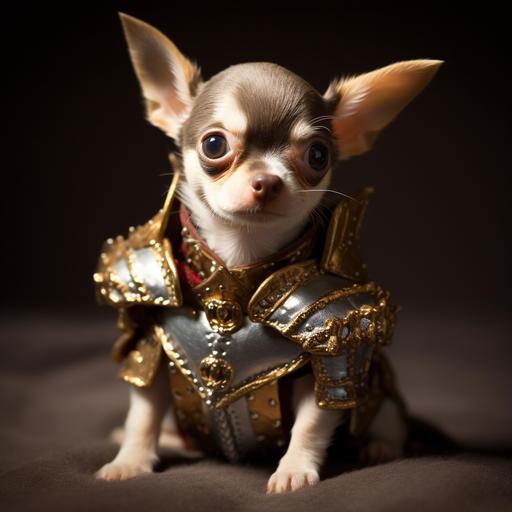 a fearful chihuahua with big eyes and pointy ears with a shiny armor and a diaper