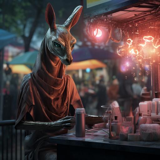 a feline gerenuk hybrid, set in a dystopian techno futurescape, eating at an appropriatively evocative food stall in a vaguely asian night market. Dramatic lighting, photorealistic, rainy.