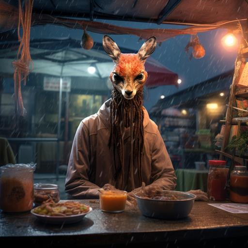 a feline gerenuk hybrid, set in a dystopian techno futurescape, eating at an appropriatively evocative food stall in a vaguely asian night market. Dramatic lighting, photorealistic, rainy.