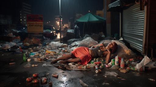 a female african streetwalker working girl in fishnets and high heels standing on top of a drunk and passed out homeless santa claus sleeping on a dirty sidewalk at night while raining and cold weather by beer bottles, herion needles, and trash, full body, wide angle, sharp focus on face, shot on hasselblad, f/5.6, sharpen details, hyper detailed, 8k HD, high resolution, sharp focus, --q 2 --v 5 --ar 16:9