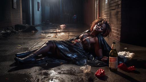 a female african streetwalker working girl in fishnets and high heels standing on top of a drunk and passed out homeless santa claus sleeping on a dirty sidewalk at night while raining and cold weather by beer bottles, herion needles, and trash, full body, wide angle, sharp focus on face, shot on hasselblad, f/5.6, sharpen details, hyper detailed, 8k HD, high resolution, sharp focus, --q 2 --v 5 --ar 16:9
