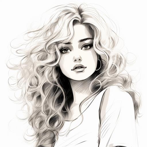 a female anime style cute girl one piece style , with curly long blonde hair , portait , illustration style , minimal sketch , handmade drawing , ink outlines sketch, manga
