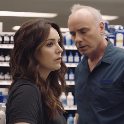 a female brunette rite aid employee wearing a dark blue t shirt guiding a male in his mid 40s to where the hair products section is in an aisle inside of a rite aid studio lit 8k --v 5.0