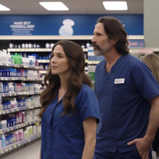 a female brunette rite aid employee wearing a dark blue t shirt guiding a male in his mid 40s to where the hair products section is in an aisle inside of a rite aid studio lit 8k --v 5.0