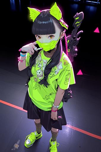 a female cat warrior monk wielding nunchucks as weapons, neon green monk armor, neon pink nunchucks, wearing neon green sandals, cute pose, cyberpunk monastry background, highly detailed and ornate, --ar 2:3 --niji 5