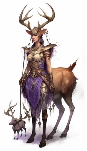 a female deer centaur, a deer body, Tanned skin and spotted bronze fur. Tall, single-pronged antlers hung with delicate chains and trinkets, Deer’s eyes and ears, but otherwise human-looking features, Short brown hair, Wearing a purple tunic with a high collar, a brown covering over the top of their deer half, and a belt hung with more trinkets, human sternum, hyperrealism, realistic, 8k, dynamic lighting, rim lighting, intricate details, symmetrical face, a desert background, full body image --ar 692:1200 --v 5
