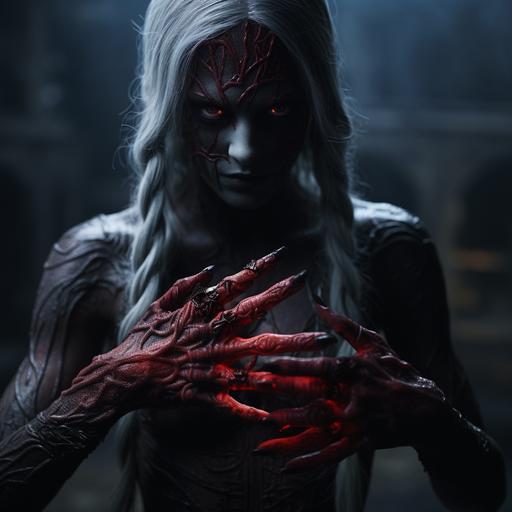 a female drow witch with red henna on her forearms. Her fingers twitch and flex and her movements are stop-motion and disjointed; her shoulders pop and creak as they bend at the wrong points and the red mist fills the air. Cinematic Lighting. HD
