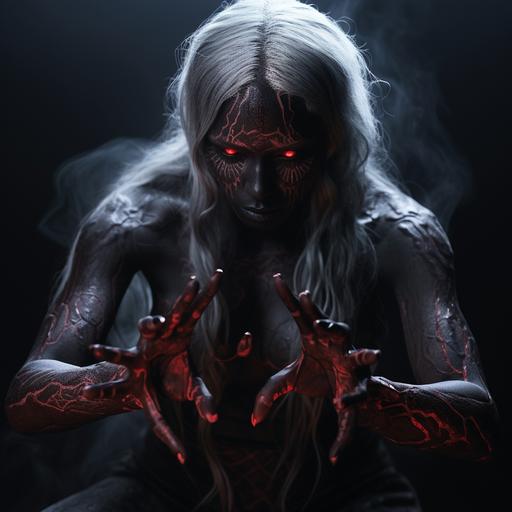 a female drow witch with red henna on her forearms. Her fingers twitch and flex and her movements are stop-motion and disjointed; her shoulders pop and creak as they bend at the wrong points and the red mist fills the air. Cinematic Lighting. HD