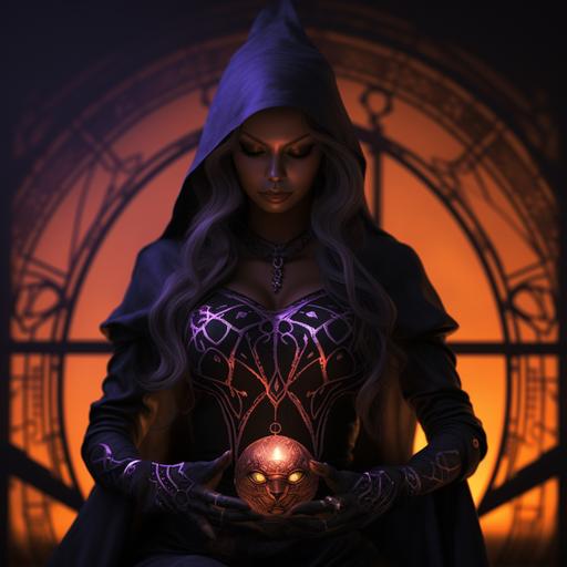 a female drow witch with sigils of red henna all on her forearms touching a Black cat glowing bronze and purple. Dark Art Deco Style