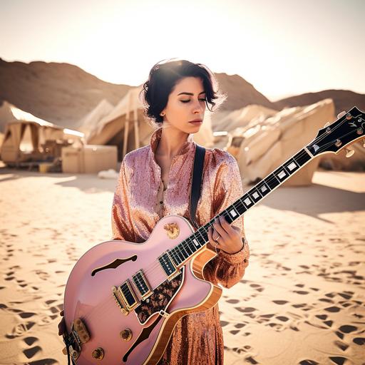 a female electric guitarist, standingin front of a traditional bedouin tent in the lonely desert, plays a pink electric guitar, in the style of fine lines and intricate details, golden hour, sabattier filter, split toning, kodak light, fashion editorial, facial features details, film still, highly detail, dreamer photography, wide angle shooting, Sony, 35 mm f/1.2 GM, cinematic, kodak colour, highly detail, stoic cinema, 8k, uhd, --q 4 --q 2 --s 750 --uplight --v 5 --chaos 3