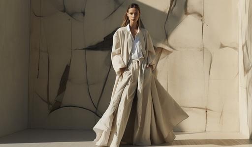 a female fashion model, Jil Sander model, in beige trenchcoat, printed shirt, wide leg pants, adam burke, hyderabad, czar davidein, parm, in the style of trompe-l'oeil folds, light gray and dark beige, office siren, minimalist sets, deconstructed tailoring, sunrays shine upon it, underground background --ar 89:52
