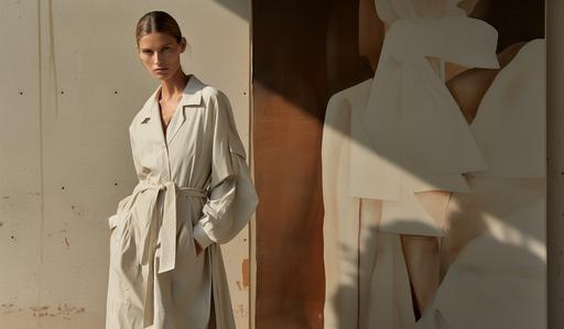 a female fashion model, Jil Sander model, in beige trenchcoat, printed shirt, wide leg pants, adam burke, hyderabad, czar davidein, parm, in the style of trompe-l'oeil folds, light gray and dark beige, office siren, minimalist sets, deconstructed tailoring, sunrays shine upon it, underground background --ar 89:52