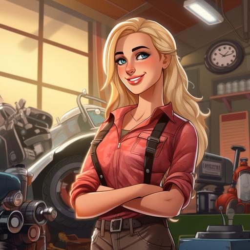 a female, good looking blonde assistant at a car repair garage, cartoon style