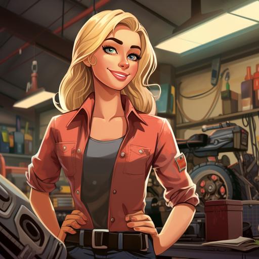 a female, good looking blonde assistant at a car repair garage, cartoon style