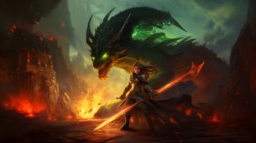 a female human rogue from world of warcraft classic fighting a dragon, green glowing daggers in a epic landscape, moonshining --ar 16:9