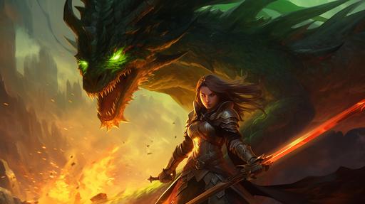 a female human rogue from world of warcraft classic fighting a dragon, green glowing daggers in a epic landscape, moonshining --ar 16:9