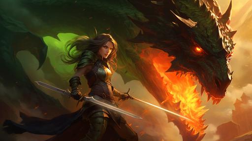 a female human rogue from world of warcraft classic fighting a dragon, green glowing daggers in a epic landscape, moonshining --ar 16:9