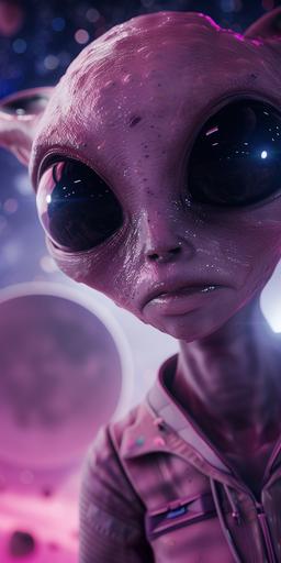 a female-like alien creature floating through space, looking in to a black hole with the look of love on her face. she has large black glossy eyes, pearly white glowing skin, face covered with a transparent pink glass mask, a pink skin tight space suit. outerworld. galaxy in the background. hyperrealistic 8k --ar 1:2 --v 6.0