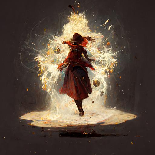 a female mage throws a card at an enemy, the card exploding on impact