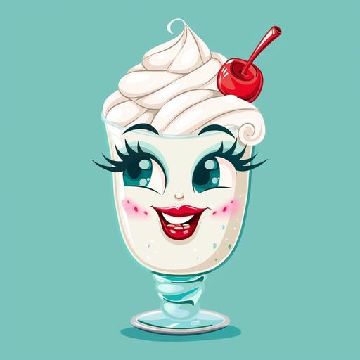 a female milkshake in a teal glass character logo happy big eyelashes eyes open cute whipped cream hair big lips with lipstick cartoon