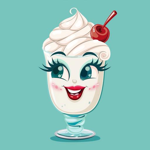 a female milkshake in a teal glass character logo happy big eyelashes eyes open cute whipped cream hair big lips with lipstick cartoon --v 6.0