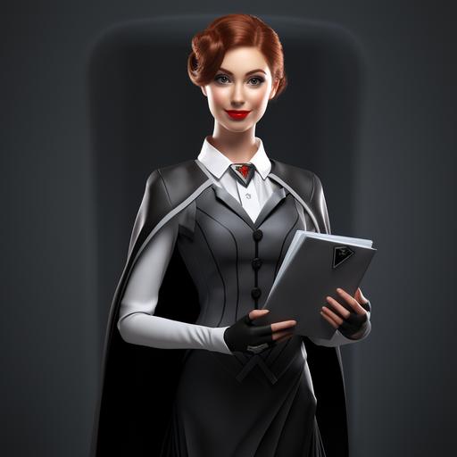 a female redhead butler in a superhero costume black and grey with a agenda in one hand and towels on the other hand 3d rendering