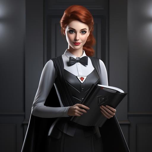 a female redhead butler in a superhero costume black and grey with a agenda in one hand and towels on the other hand 3d rendering