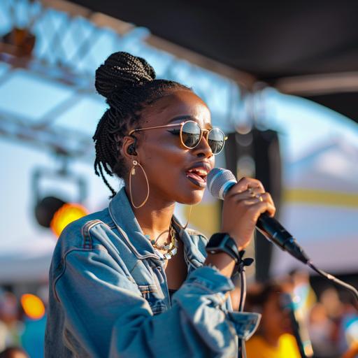 a female stylish african american podcaster exploring a music festival event in durban south africa. Background music festival vibrant high energy
