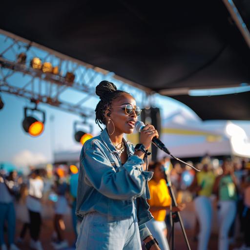 a female stylish african american podcaster exploring a music festival event in durban south africa. Background music festival vibrant high energy